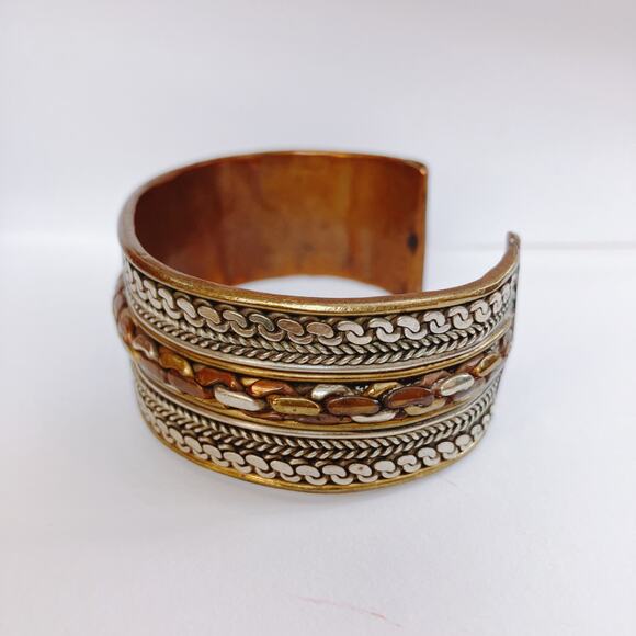 Vintage Boho Copper Mixed Metal Cuff Bracelet 1970s Ethnic Revival Jewelry - Picture 4 of 11